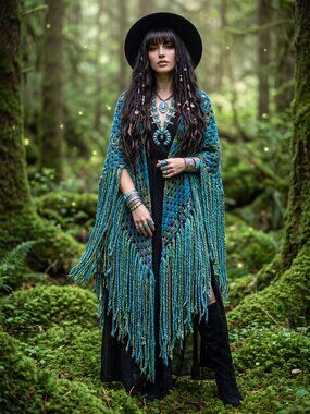 Boho Turquoise Blue and Green Full Thick Fringe Shawl Shrug